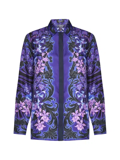Versace Printed Silk Twill Shirt In Black Orchid
