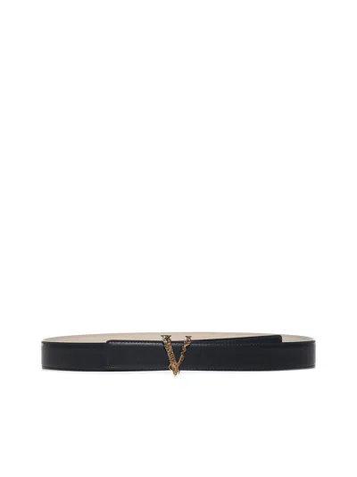 Versace V Buckle Belt In Black- Gold