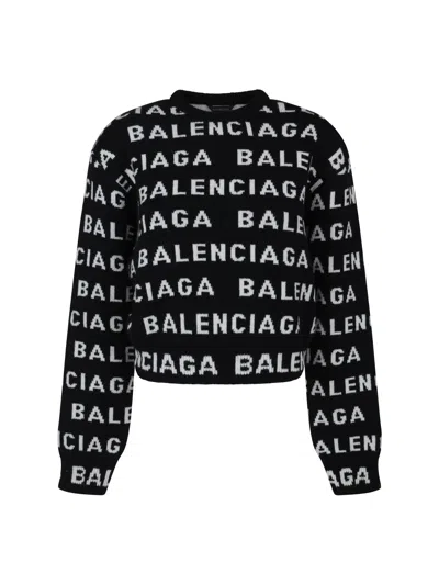Balenciaga Intarsia-knit Logo-print Knit Jumper In Black/white