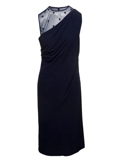 Givenchy Midi Blue Sleeveless Draped Dress With 4g Plumentis Trasparent Tulle In Viscose Woman