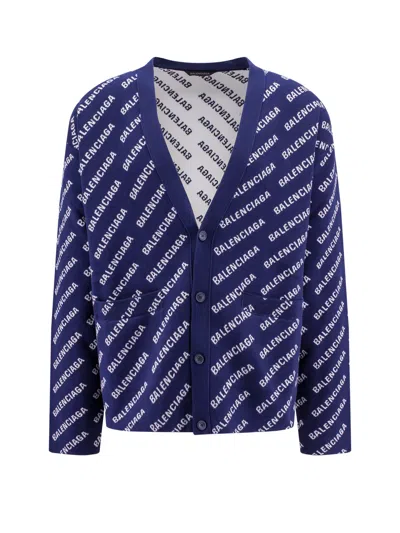 Balenciaga Embroidered Stretch Cotton Blend Oversize Cardigan In Blue