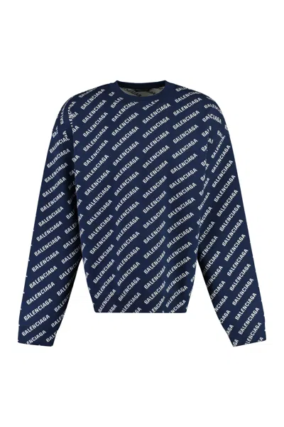 Balenciaga Long Sleeve Crew-neck Sweater In Blue