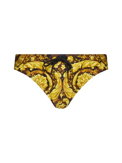 Versace Baroccodile Swim Briefs In Caramel+black+gold