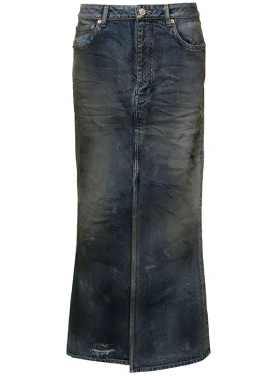 Balenciaga Dark Blue Maxi Skirt With Crinkled Effect With Logo Patch In Cotton Denim Woman In Dirty Pale Blue