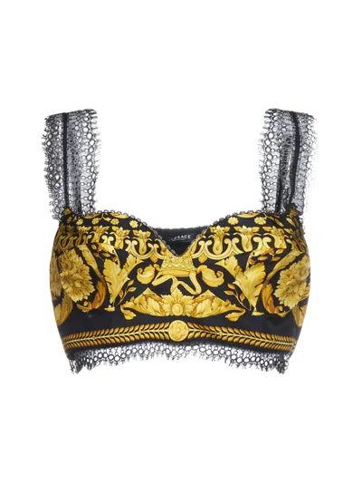 Versace Barocco Silk Bralette Top In Gold
