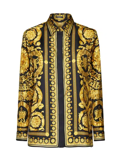 Versace Baroque Silk Shirt In Gold