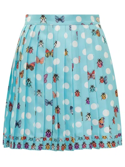 Versace Print Silk Twill Pleated Mini Skirt In Blue