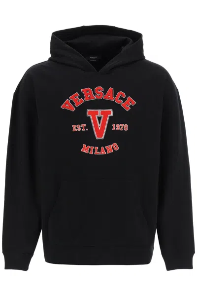 Versace Hooded Cotton Logo Sweatshirt In Nero