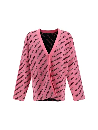 Balenciaga Allover Logo Knitted Cardigan In Pink/black