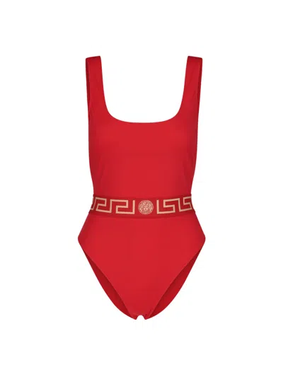 Versace Greca Border Low Back Swimsuit In Red
