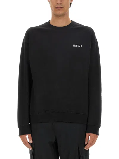 Versace Printed Cotton Crew-neck Sweatshirt In Black