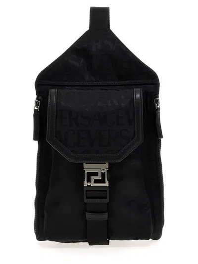Versace Technical Fabric Backpack With Logo In Black