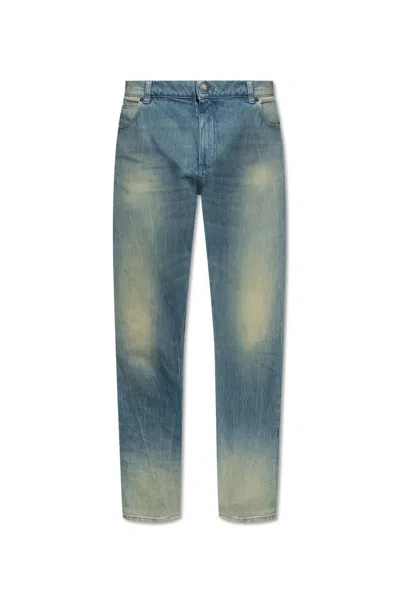 Balmain Regular Fit Sanded & Whiskered Jeans In 6ff Blue Jeans