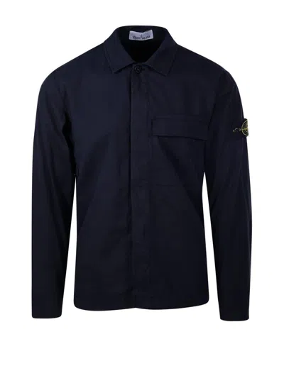 Stone Island Logo Patch Collared Shirt Jacket In Blue