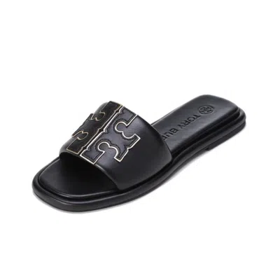 Tory Burch Logo Leather Slides In Perfect Black / Gold