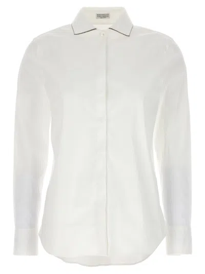 Brunello Cucinelli Stretch Cotton Poplin Shirt With Shiny Collar Trim In Bianco