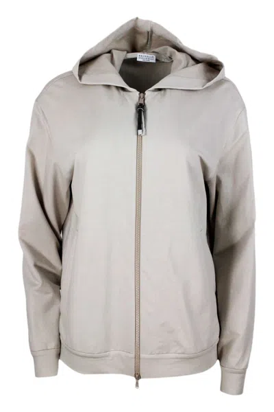 Brunello Cucinelli Stretch Cotton Sweatshirt With Hood And Jewel On The Zip Puller In Light Grey