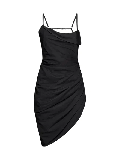 Jacquemus Saudade Asymmetric Draped Mini Dress In Black