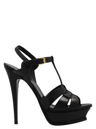 Saint Laurent Womans Tribute Leather Sandals With Logo In Black