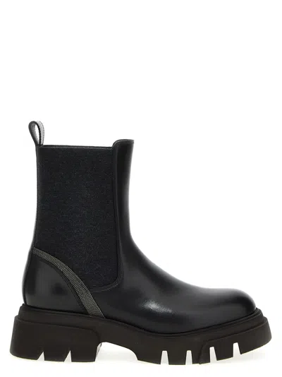 Brunello Cucinelli Monile Leather Ankle Boots In Black