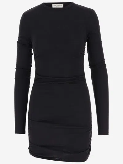 Saint Laurent Draped Wool Dress In Black