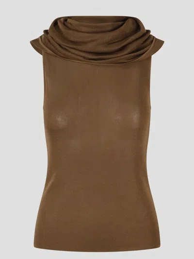 Saint Laurent Ribbed Knit Cowl Tank Top In Brown