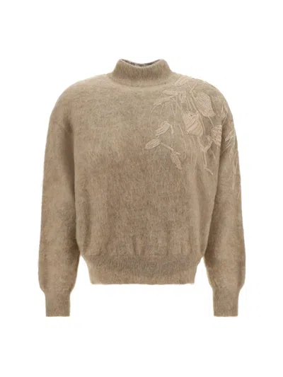 Brunello Cucinelli Long-sleeved Turtleneck Sweater With Special Sequin Appliqu? In Soft Mohair And Wool Yarn In Brown