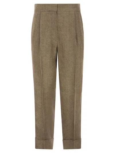 Brunello Cucinelli Relaxed Sartorial Trousers In Sparkling Washed Linen Twill In Camel/oro