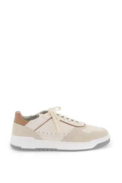 Brunello Cucinelli Basket Trainers In Grained Calfskin And Washed Suede In Cream/beige