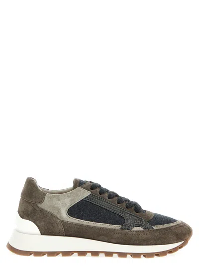 Brunello Cucinelli Runners In Suede And Virgin Wool Flannel With Precious Contour In Grey