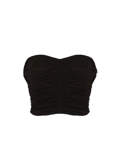 Saint Laurent Ruched Strapless Cropped Top In Dark Brown