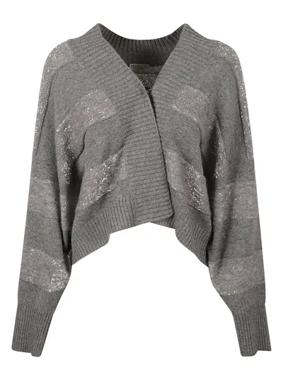 Brunello Cucinelli Long-sleeved Cardigan Jumper In Fine Wool, Cashmere And Silk With Striped Patter In Grey