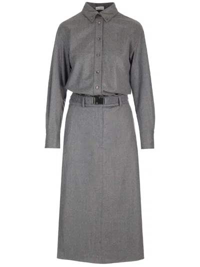 Brunello Cucinelli Midi Shirt Dress In Grey