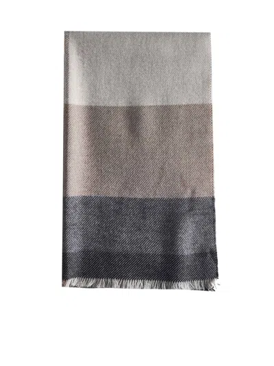 Brunello Cucinelli Wool And Cashmere Scarf With Check Motif In Grey Brown Anthracite Grey