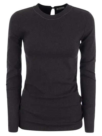 Brunello Cucinelli Ribbed Stretch Cotton Jersey T-shirt With Jewellery In Lead
