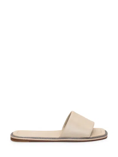 Brunello Cucinelli Embellished Square Toe Slides In Light Beige