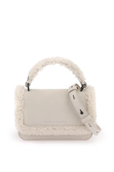 Brunello Cucinelli Shearling-trimmed Textured-leather Shoulder Bag In New Lamb (white)