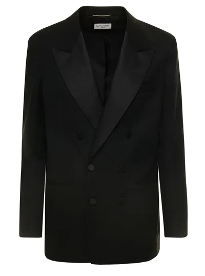 Saint Laurent Black Double-breasted Blazer With Satin Peak Lapels In Wool Man