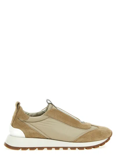 Brunello Cucinelli Runner Shoe In Suede And Taffeta Embellished With Threads Of Brilliant Monili In Rock