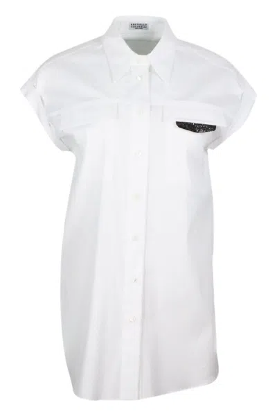 Brunello Cucinelli Sleeveless Shirt In Stretch Cotton With Front Pockets Embellished With Shiny Jewels In White