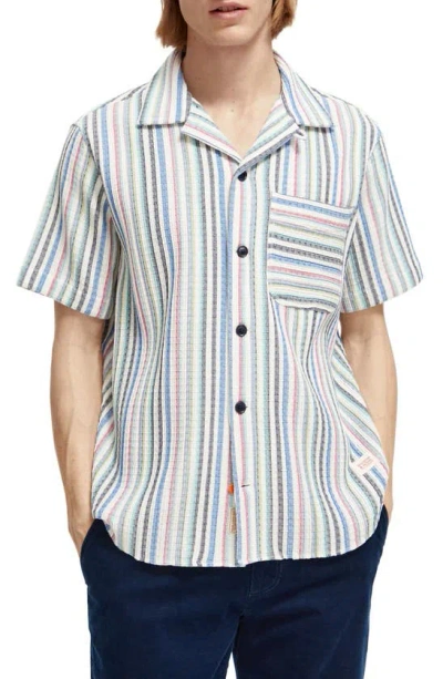 Scotch & Soda Slim Fit Structured Short Sleeve Camp Shirt In 6540-stripe Blue Red Multi
