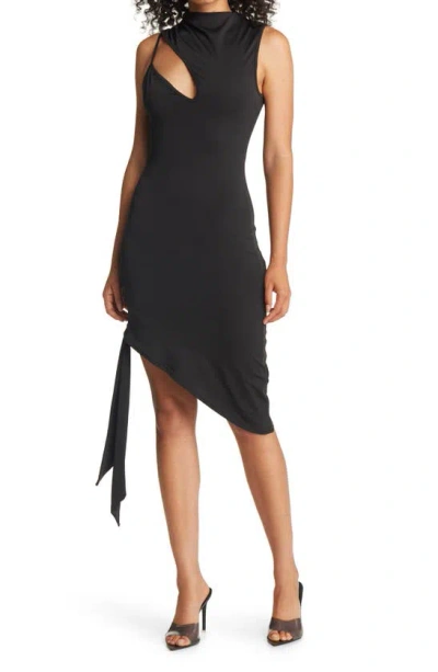 Bebe Tie-hem Asymmetrical Cutout Slinky Dress In Black