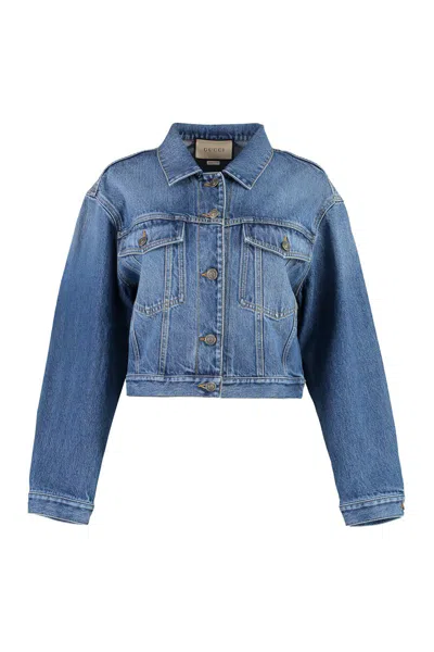 Gucci Embroidered Denim Jacket In Blue