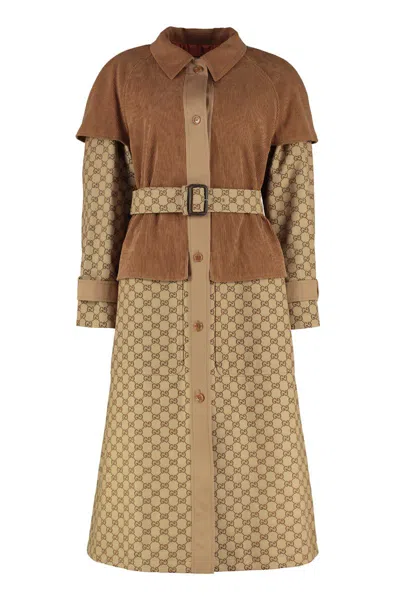 Gucci Gg Fabric Trench Coat In Brown