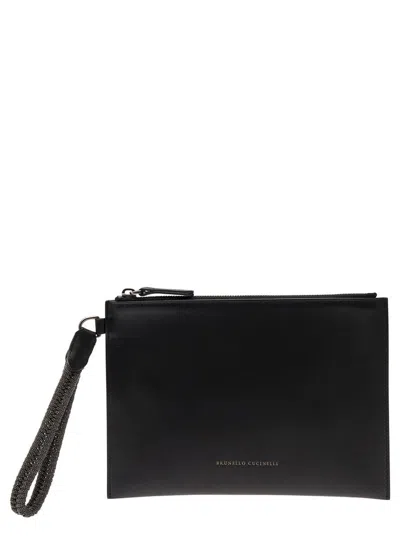 Brunello Cucinelli Black Clutch With Monile Wrist Strap In Leather Woman