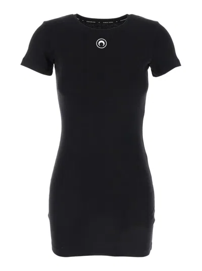 Marine Serre Black T-shirt Mini Dress With Logo In Cotton Woman