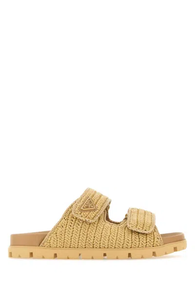 Prada Raffia Slippers In Naturale