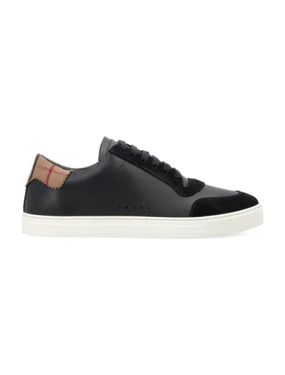 Burberry Men's Robin Vintage Check Panel Leather Low-top Trainers In Black