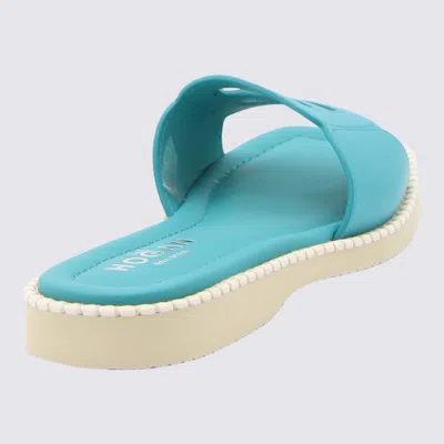 Hogan Cut-out Logo Leather Slides In Turquoise