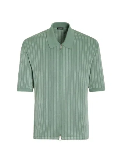 Zegna Cotton-silk Zipped Polo Shirt In Sage Green